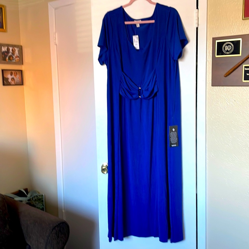Royal blue long dress with short sleeves and attached gathered faux belt.